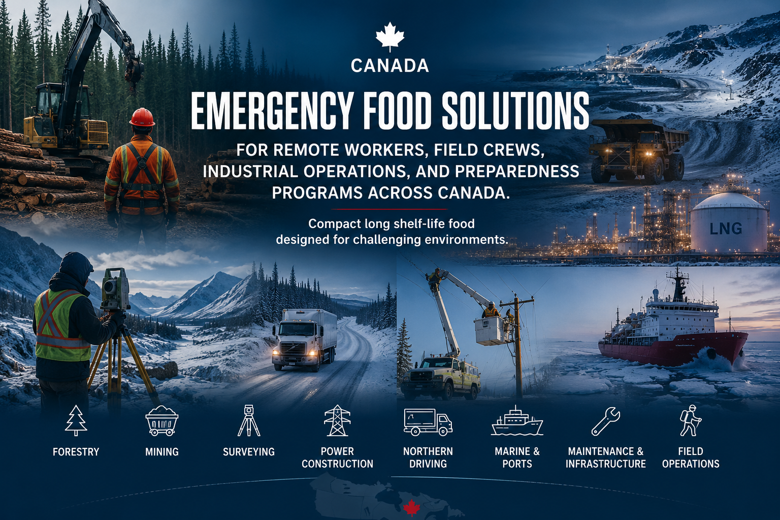 Emergency food solutions for remote workers, field crews, industrial operations, and preparedness programs across Canada. Compact long shelf-life food designed for challenging environments.