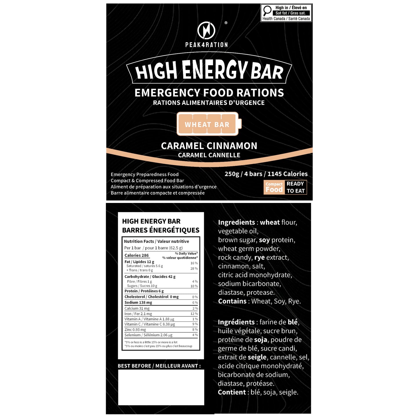 High Energy Bar emergency food ration packaging with black background