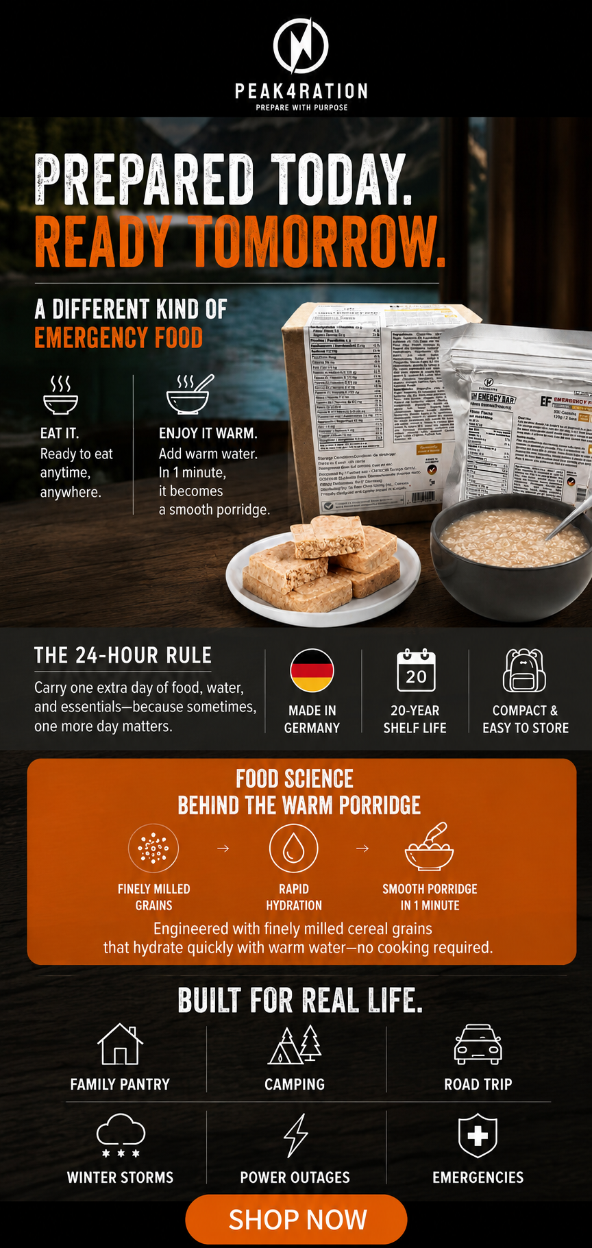 Discover PEAK4RATION, a Canadian preparedness food brand offering long shelf-life food solutions for everyday life, outdoor adventures, and emergencies. Learn about the 24-Hour Rule, Made in Germany innovation, and why some emergency food can become a warm porridge.