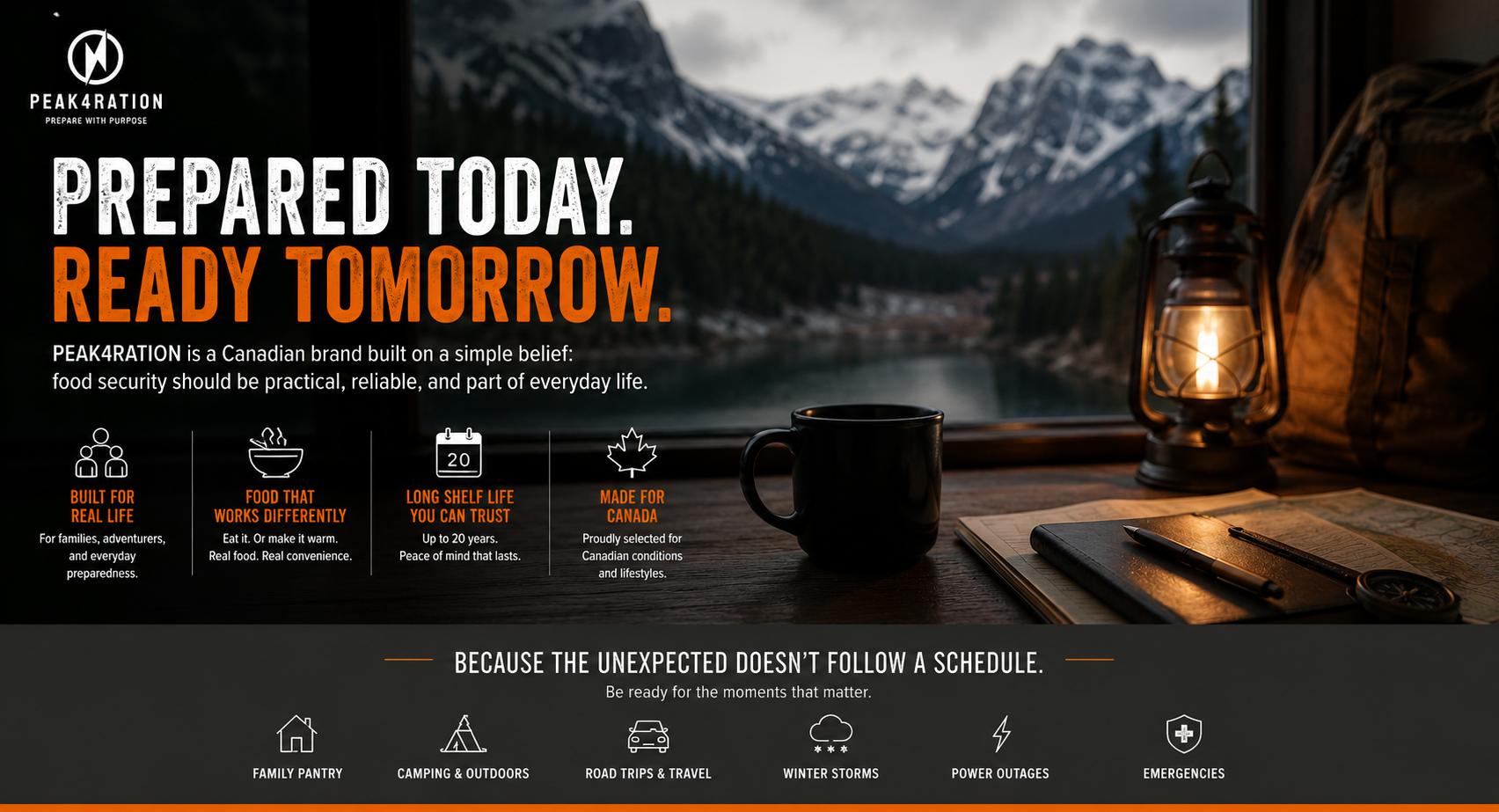Discover PEAK4RATION, a Canadian preparedness food brand offering long shelf-life food solutions for everyday life, outdoor adventures, and emergencies. Learn about the 24-Hour Rule, Made in Germany innovation, and why some emergency food can become a warm porridge.