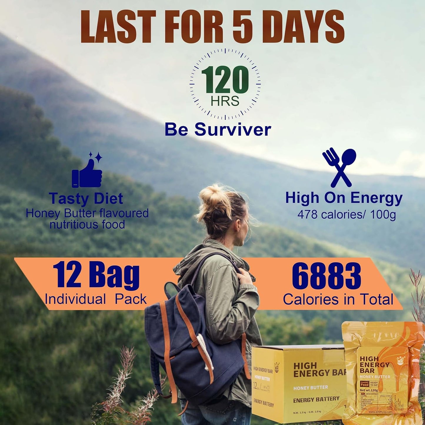 BDH High Energy Bar Honey Butter 6595 Calorie | 120g*12bags MRE Survival Emergency Food Ration Long shelf-life Biscuits