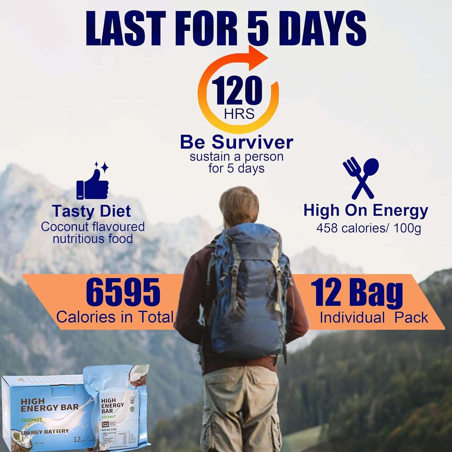BDH High Energy Bar Coconut 6595 Calorie | 120g*12bags MRE Survival Emergency Food Ration Long shelf-life Biscuits