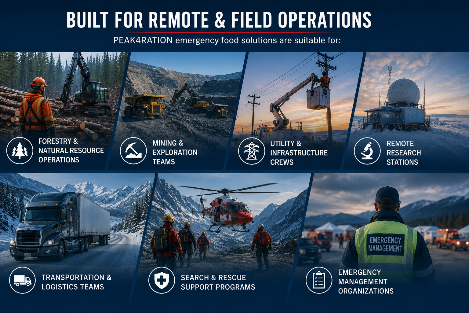 Emergency food solutions for remote workers, field crews, industrial operations, and preparedness programs across Canada. Compact long shelf-life food designed for challenging environments.