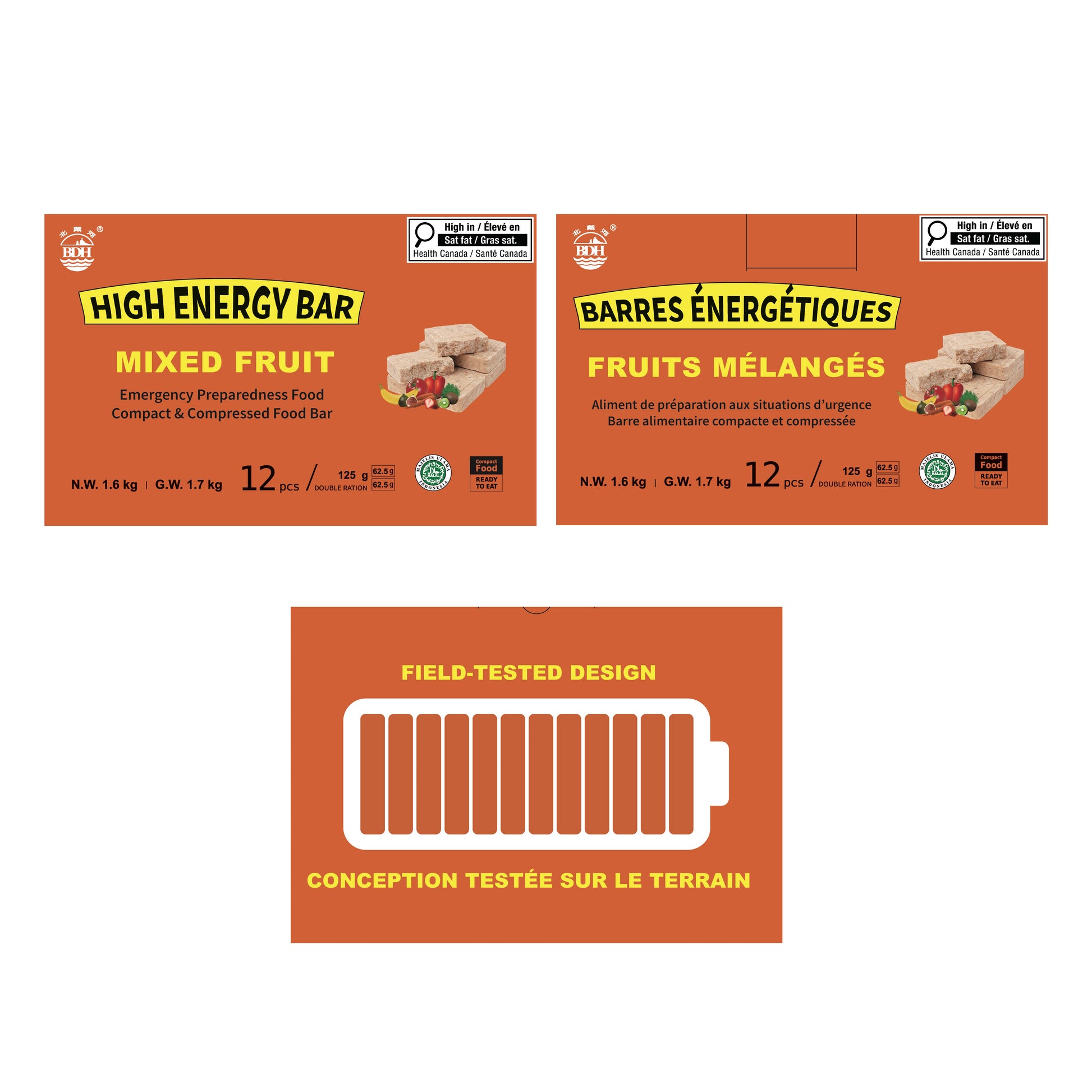 Two packages of high energy bars with mixed fruit flavor on a white background.