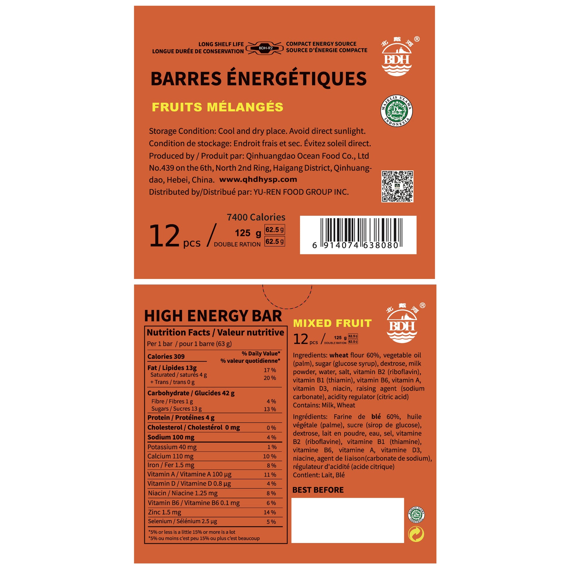 Back label of a high energy bar with nutritional information and branding on an orange background