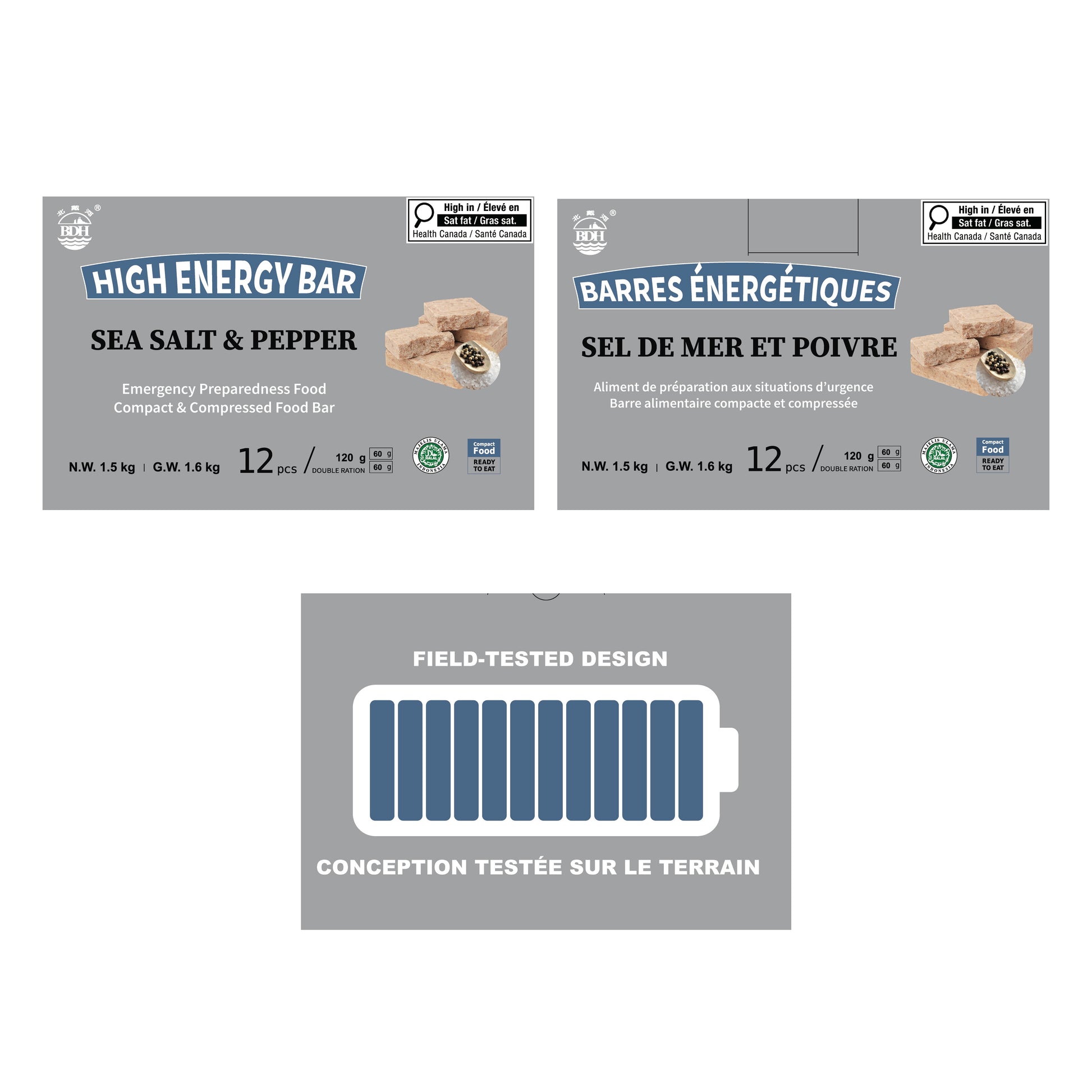 Two packages of High Energy Bar with sea salt and pepper flavor on a white background.