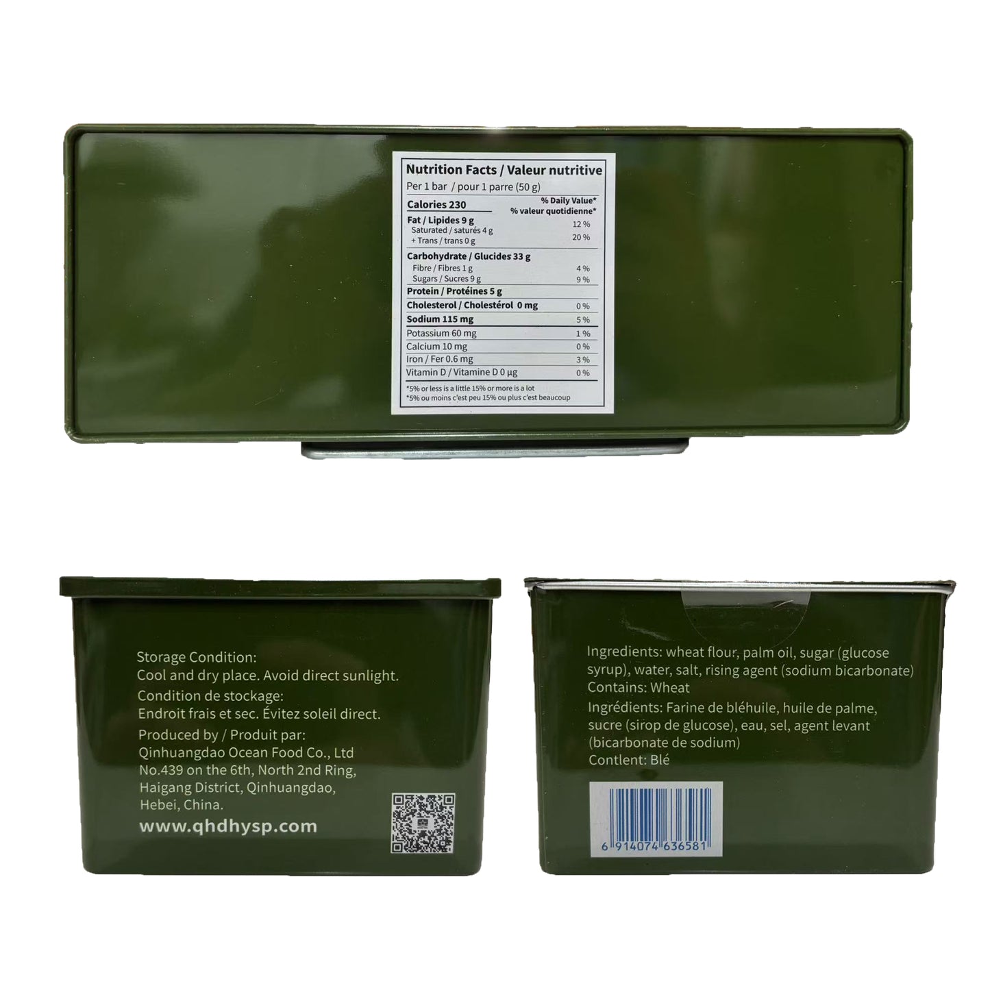 Three green packages with labels showing nutritional information, storage conditions, and product details on a white background.