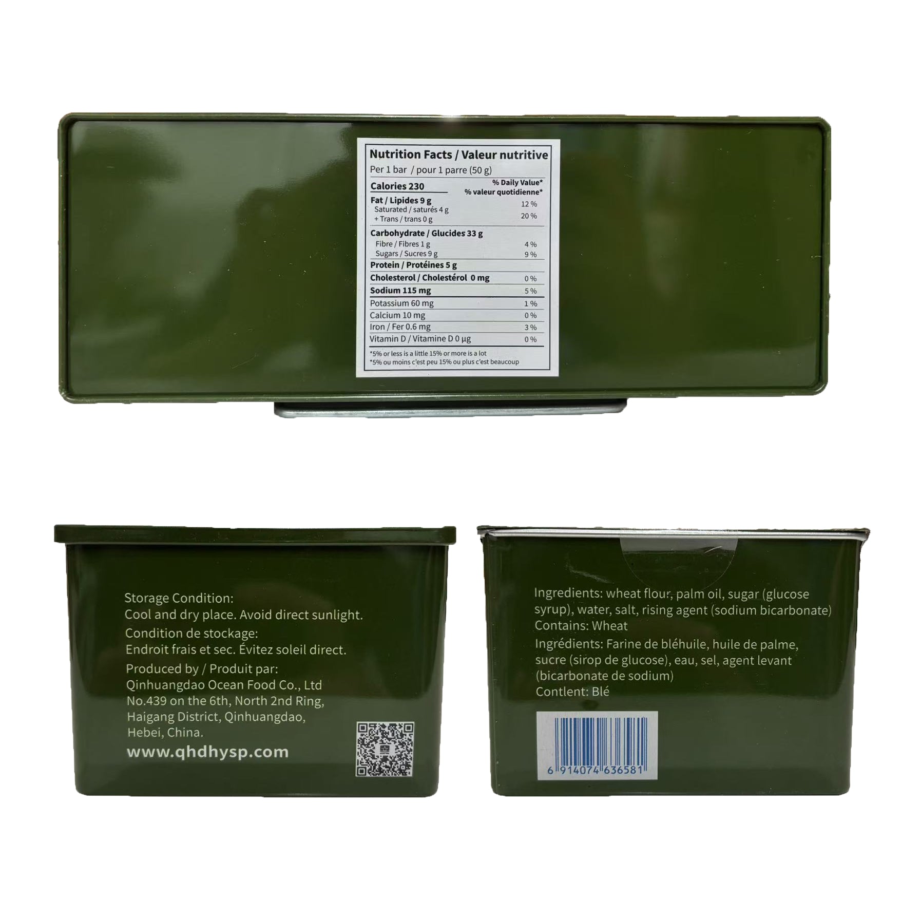 Three green packages with labels showing nutritional information, storage conditions, and product details on a white background.