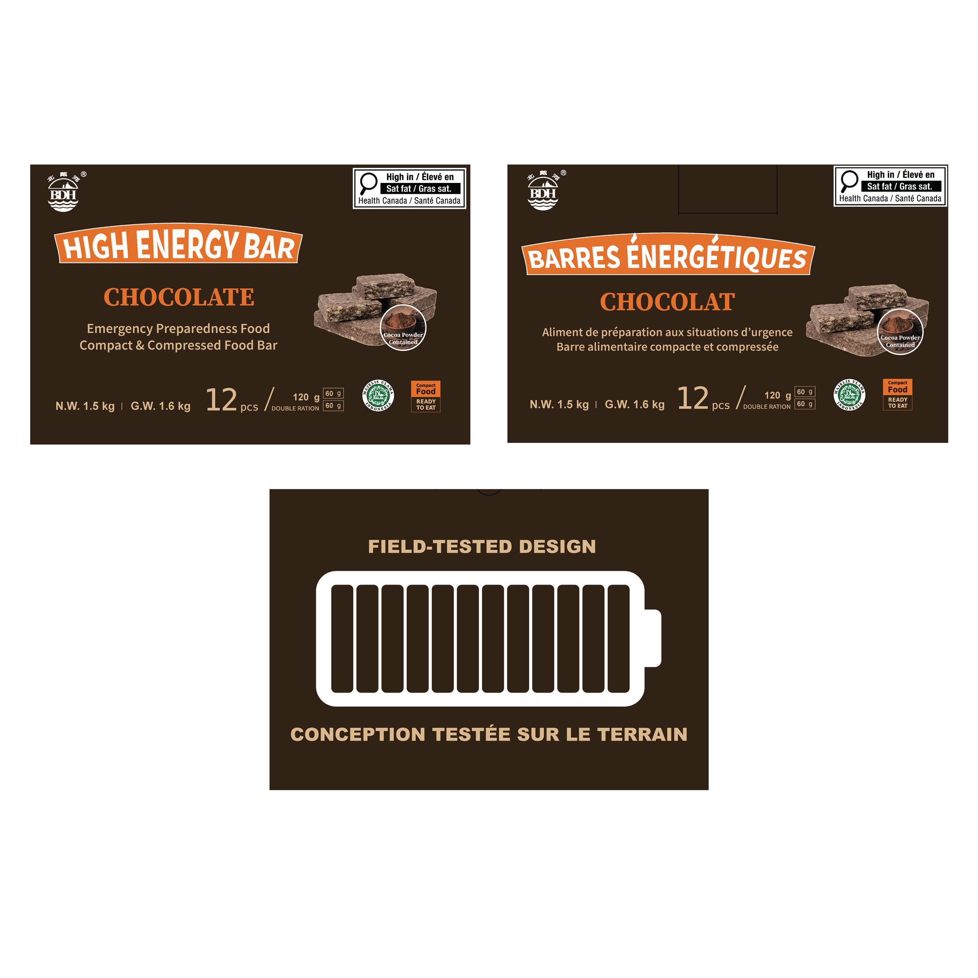 Chocolate high energy bars packaging with battery graphic on a white background