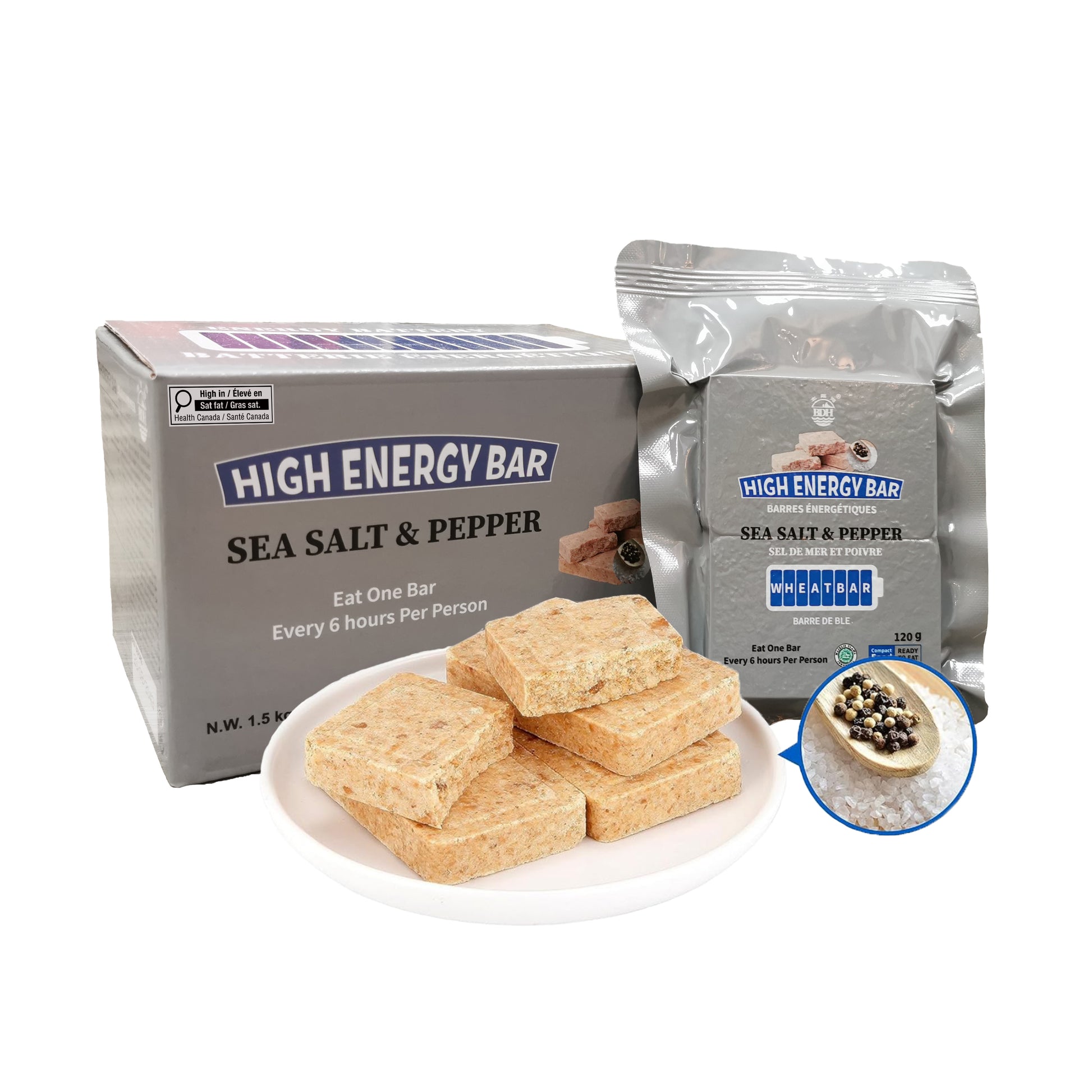 High Energy Bar Sea Salt & Pepper with packaging and ingredients on a white background