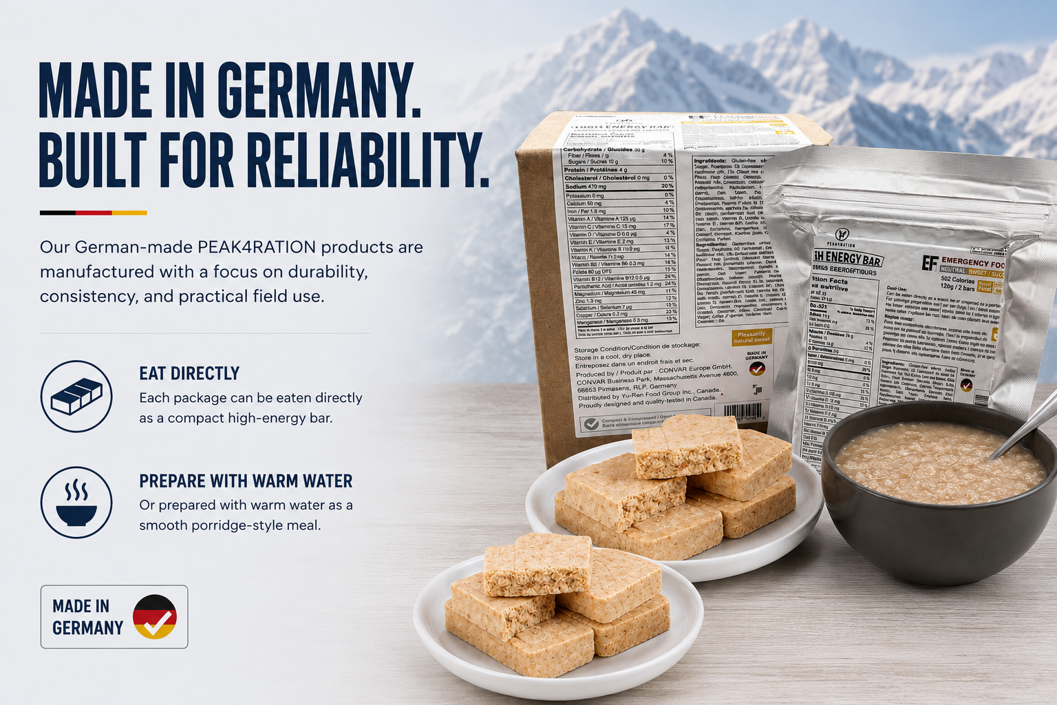 Emergency food solutions for remote workers, field crews, industrial operations, and preparedness programs across Canada. Compact long shelf-life food designed for challenging environments.