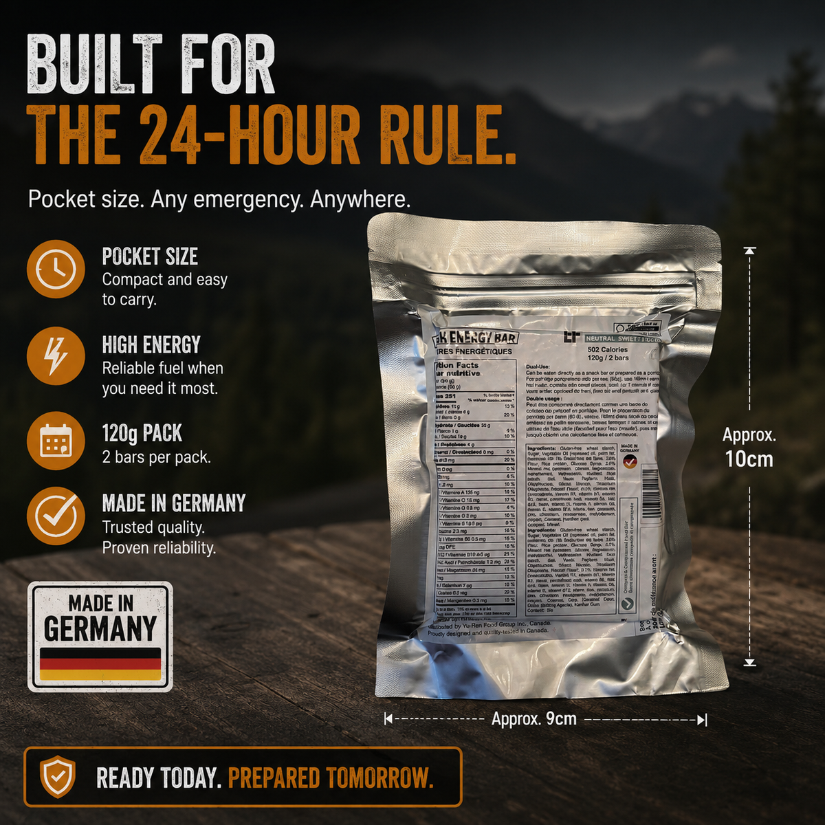 Fuel bar packaging with mountain background and text highlighting features.