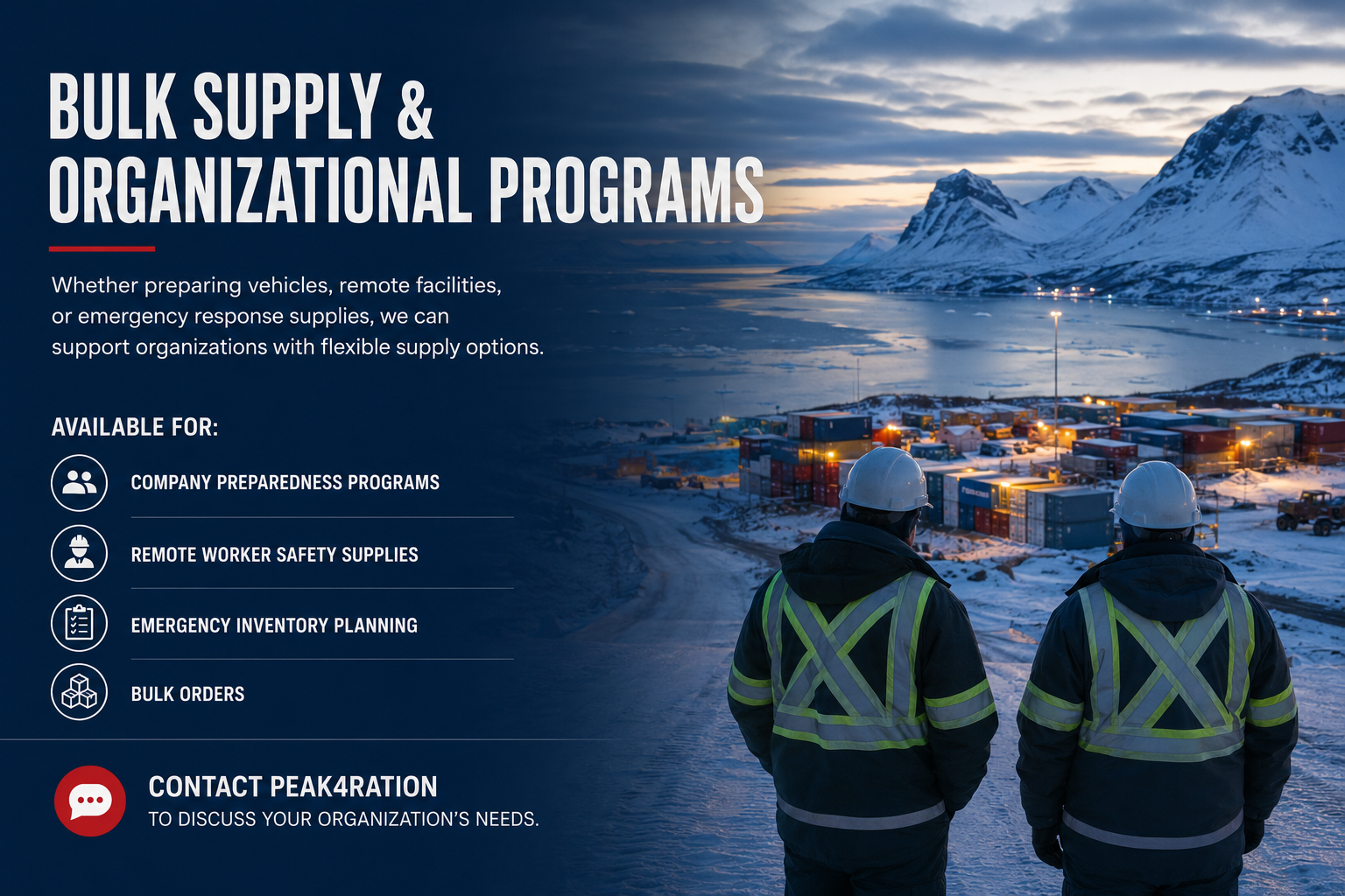 Emergency food solutions for remote workers, field crews, industrial operations, and preparedness programs across Canada. Compact long shelf-life food designed for challenging environments.
