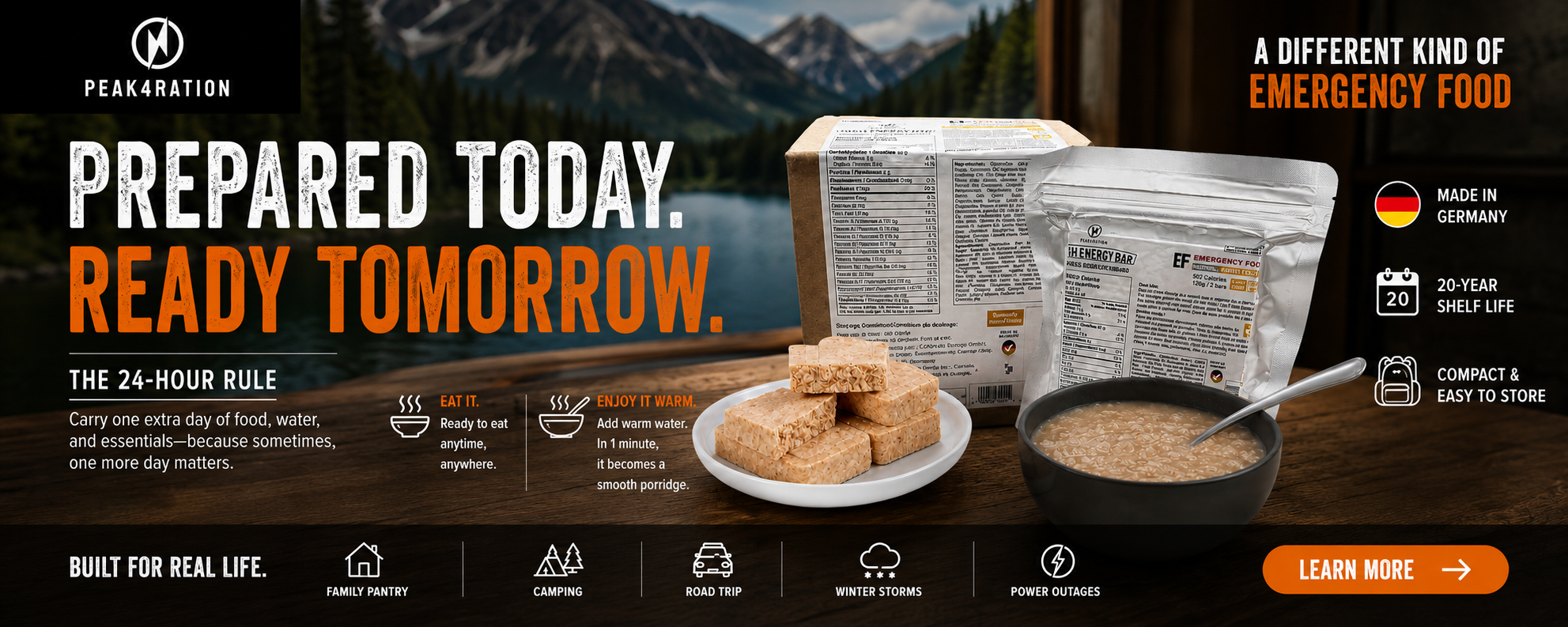Discover PEAK4RATION, Canada's preparedness food brand. Explore long shelf-life food solutions, the 24-Hour Rule, Made in Germany innovation, and the food science behind emergency food that transforms into a warm porridge.