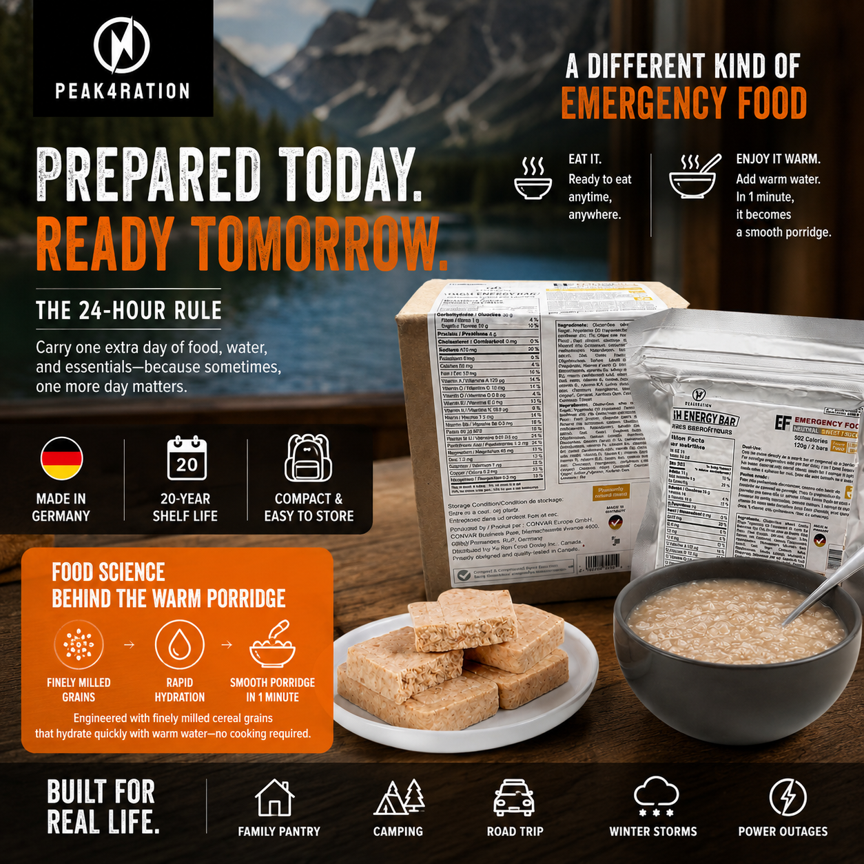 Discover PEAK4RATION, Canada's preparedness food brand. Explore long shelf-life food solutions, the 24-Hour Rule, Made in Germany innovation, and the food science behind emergency food that transforms into a warm porridge.