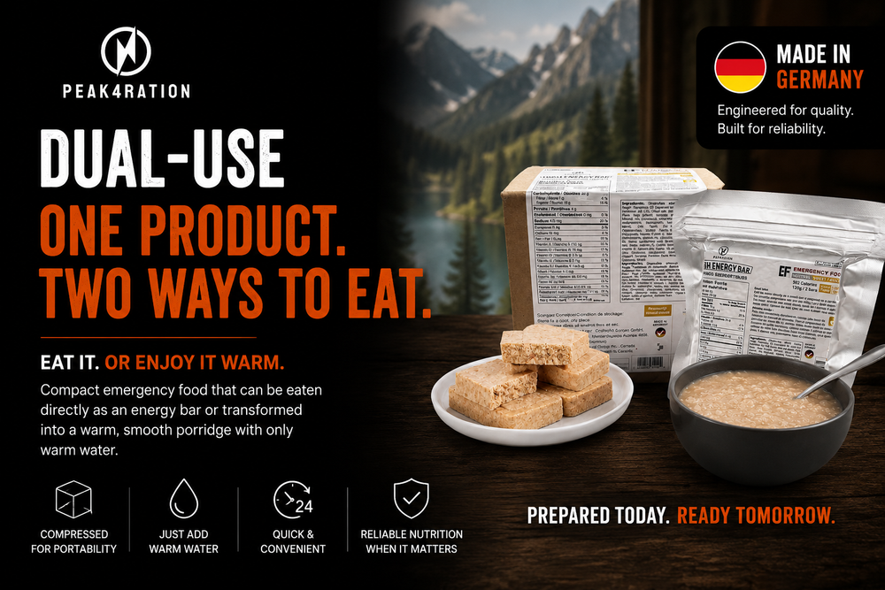 Explore PEAK4RATION—Canada's preparedness food brand. Discover the 24-Hour Rule, long shelf-life food, Made in Germany innovation, and the food science behind emergency food that transforms into a warm porridge.