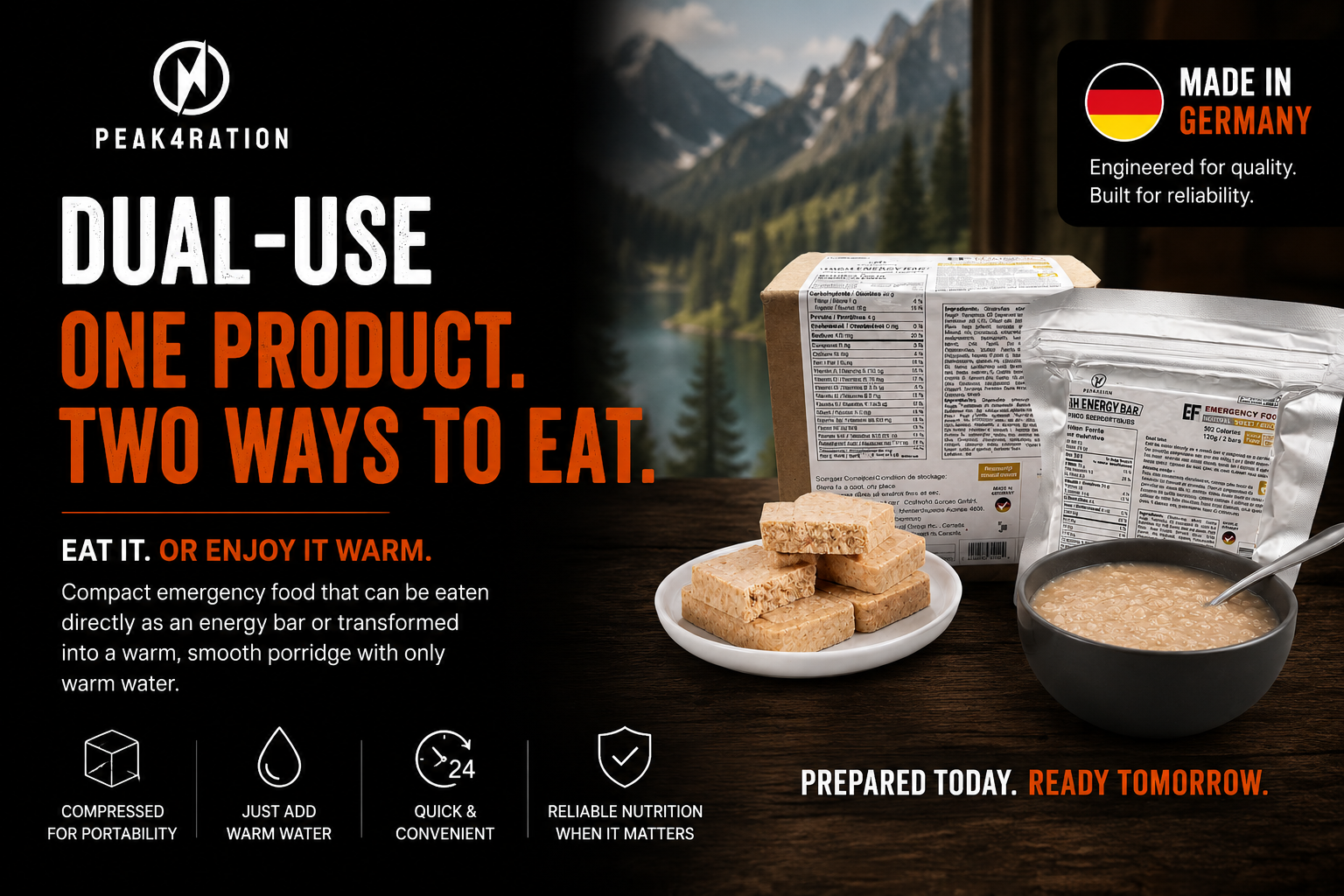 Explore PEAK4RATION—Canada's preparedness food brand. Discover the 24-Hour Rule, long shelf-life food, Made in Germany innovation, and the food science behind emergency food that transforms into a warm porridge.