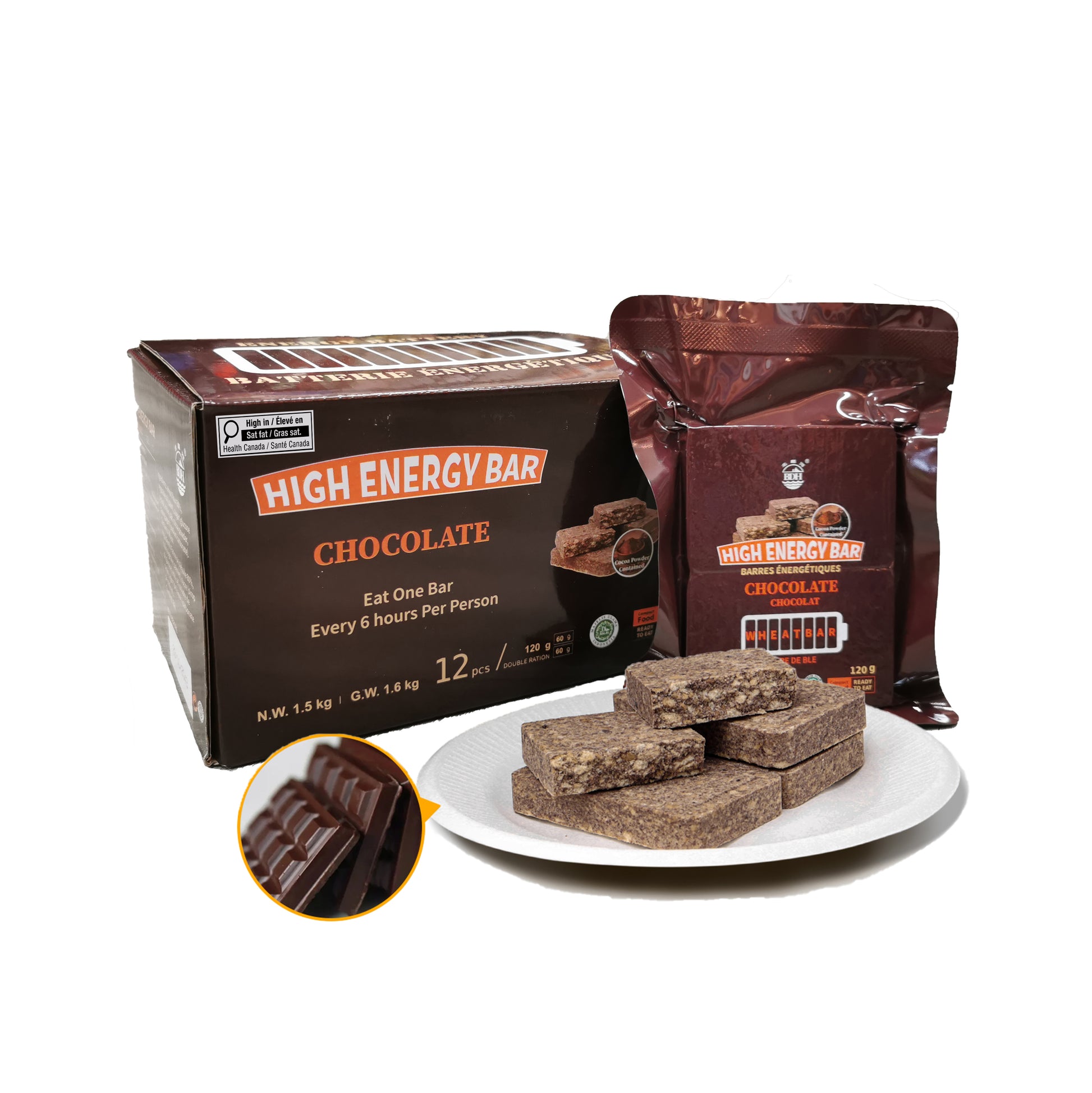 High Energy Bar chocolate packaging and bars on a white plate with a close-up inset.