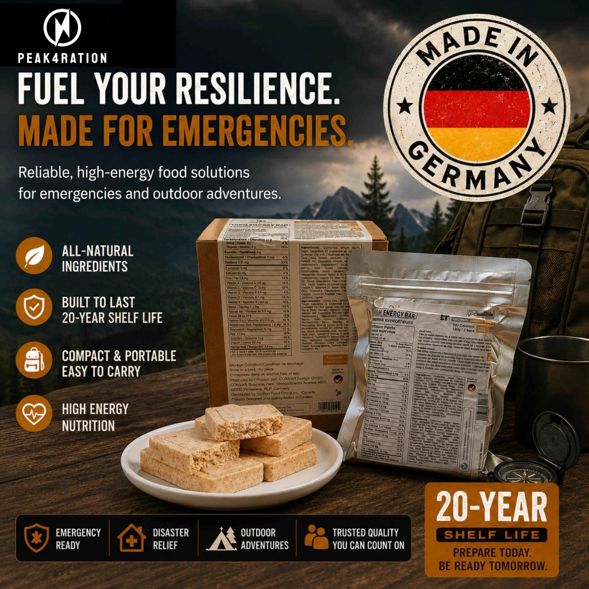 Peak4ration emergency food rations with packaging and ingredients on a table against a mountain backdrop.